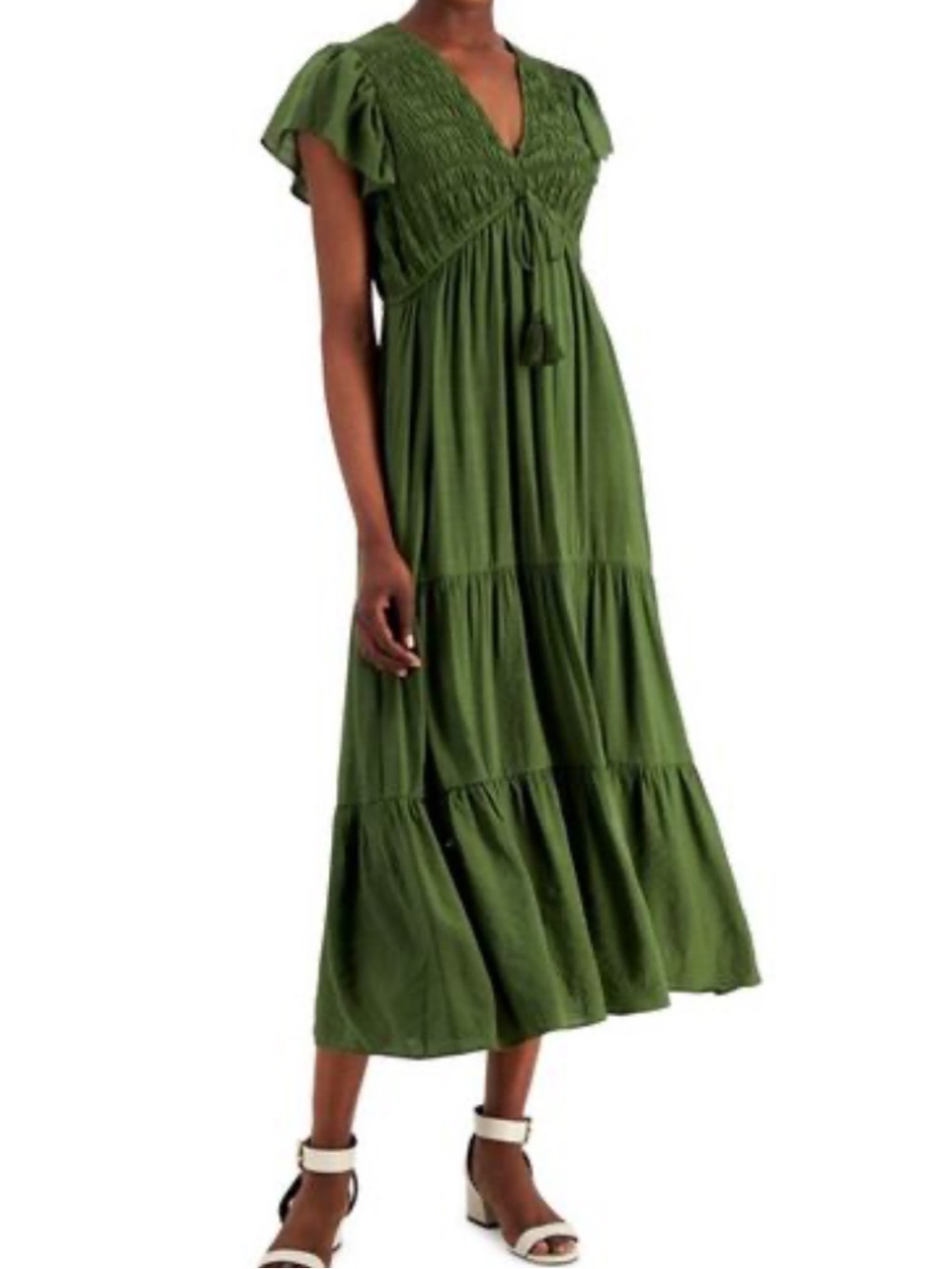 Taylor Olive Smocked Tiered V-Neck Maxi Dress